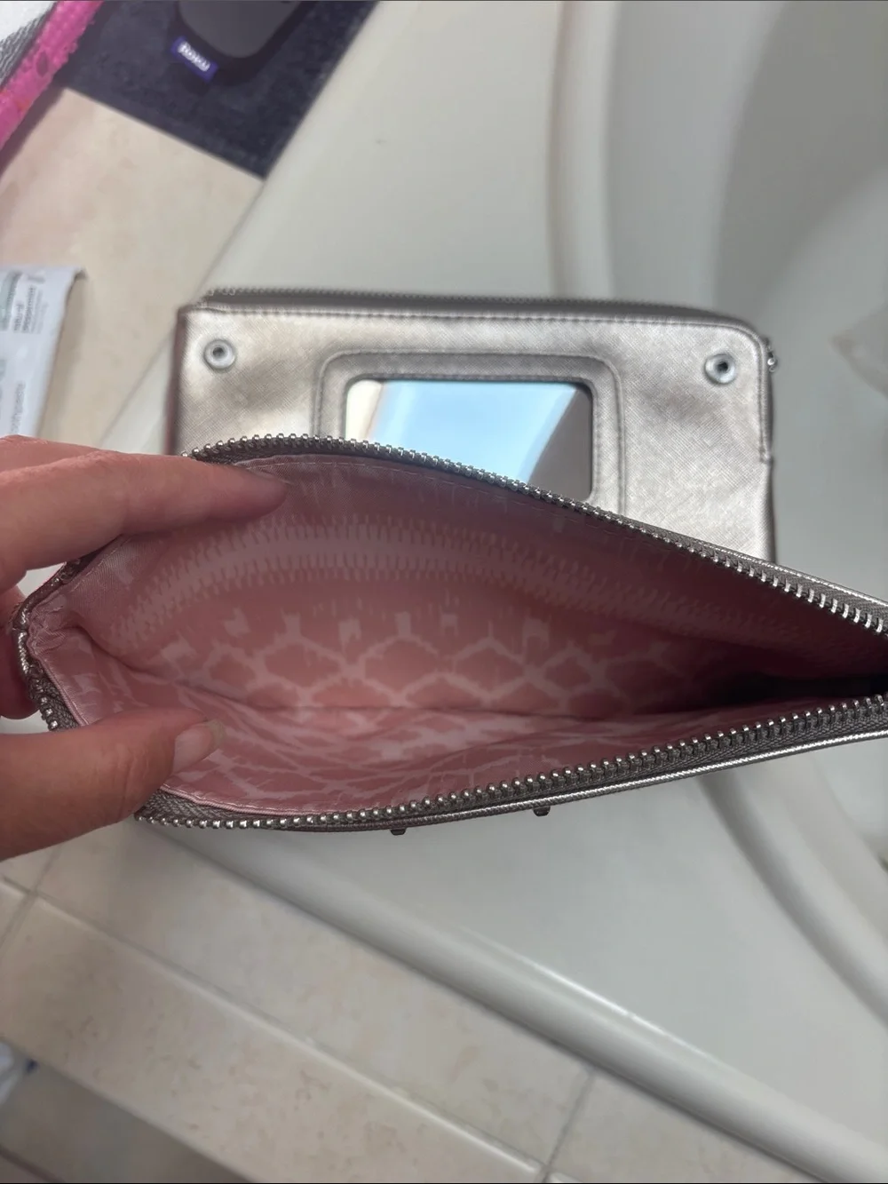 Stella & Dot Metallic Silver Laser-Cut Zip Clutch